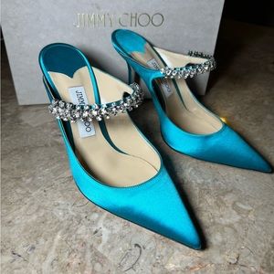NEW JIMMY CHOO bing satin leather mule 100mm in peacock 9.5/39.5